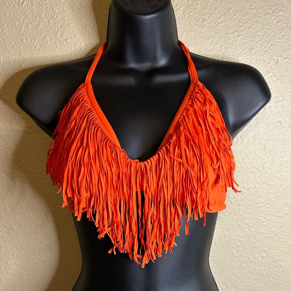 L*Space Audrey Fringe Triangle Bikini Top in Orange Sz Large D - Picture 2 of 5